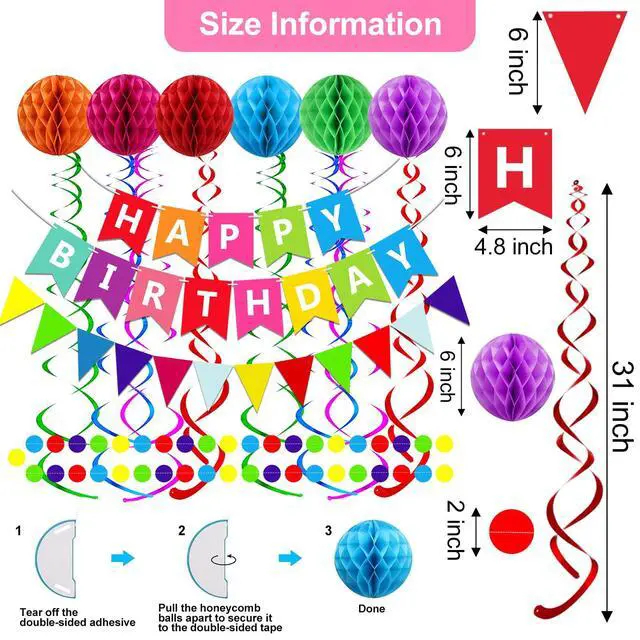 Alt view image 2 of 7 - Happy Birthday Banner With Colorful Paper Flag Bunting Paper Circle Confetti Garland Swirl Streamers Honeycomb ball for Birthday Party Decorations