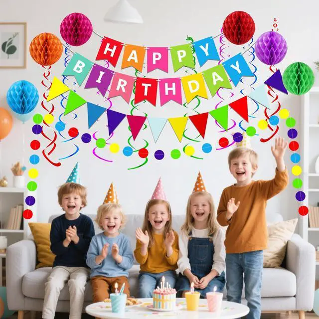Alt view image 6 of 7 - Happy Birthday Banner With Colorful Paper Flag Bunting Paper Circle Confetti Garland Swirl Streamers Honeycomb ball for Birthday Party Decorations