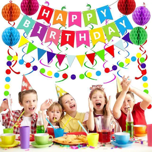 Alt view image 7 of 7 - Happy Birthday Banner With Colorful Paper Flag Bunting Paper Circle Confetti Garland Swirl Streamers Honeycomb ball for Birthday Party Decorations
