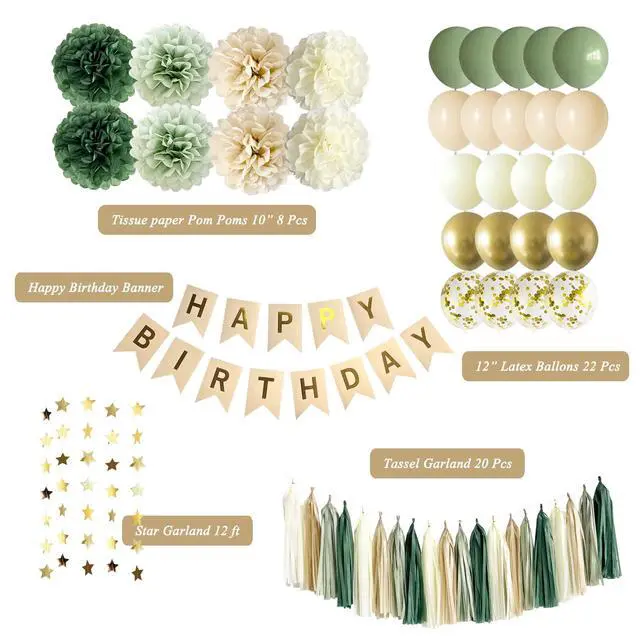 Alt view image 3 of 7 - Sage Green Happy Birthday Party Decorations Retro Green Nude Ivory Dark Olive Kraft Paper Banner Balloons Neutral Rustic Boho Blush Safari Botanical Greenery Wild Décor Supplies Women Adults