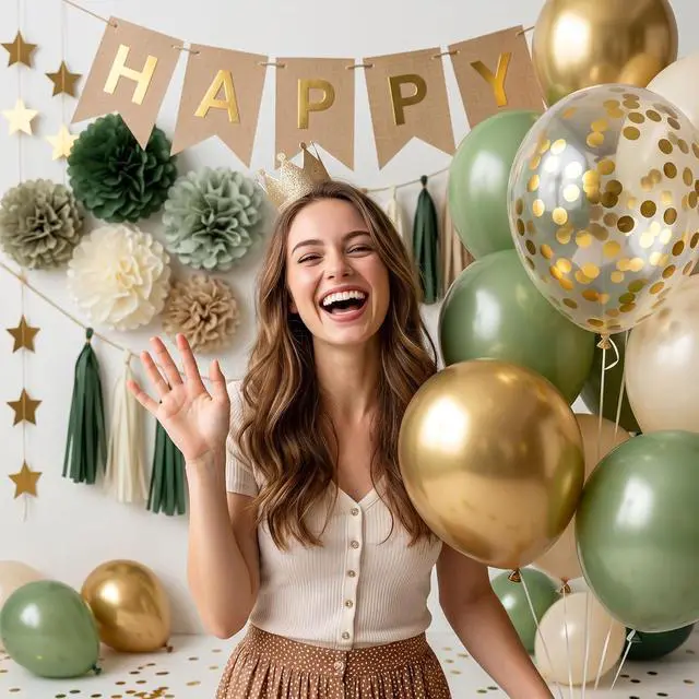 Alt view image 5 of 7 - Sage Green Happy Birthday Party Decorations Retro Green Nude Ivory Dark Olive Kraft Paper Banner Balloons Neutral Rustic Boho Blush Safari Botanical Greenery Wild Décor Supplies Women Adults