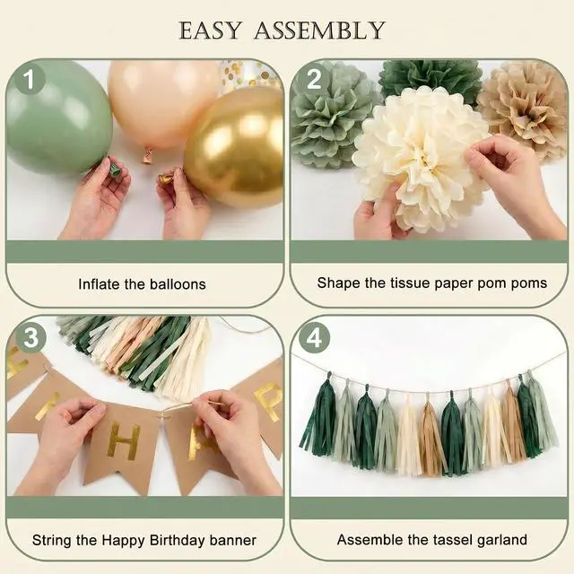 Alt view image 6 of 7 - Sage Green Happy Birthday Party Decorations Retro Green Nude Ivory Dark Olive Kraft Paper Banner Balloons Neutral Rustic Boho Blush Safari Botanical Greenery Wild Décor Supplies Women Adults