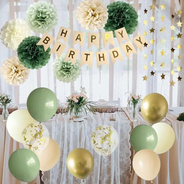 Alt view image 4 of 7 - Sage Green Happy Birthday Party Decorations Retro Green Nude Ivory Dark Olive Kraft Paper Banner Balloons Neutral Rustic Boho Blush Safari Botanical Greenery Wild Décor Supplies Women Adults