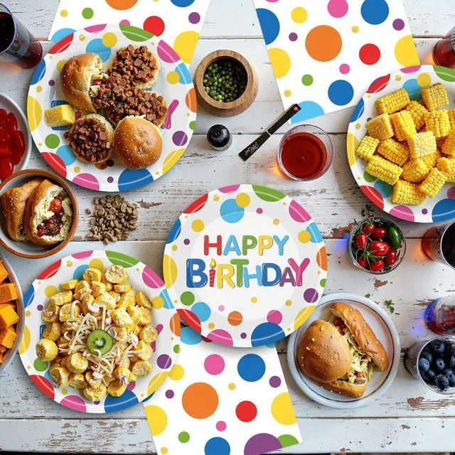 Alt view image 2 of 7 - 40 Pcs Happy Birthday Paper Plates and Napkins Sets - Polka Dots Bday Party Supplies Tableware, Disposable Colorful Dinner Plates Napkins Kit for Birthday Party Decorations Table Decor, Serves 20
