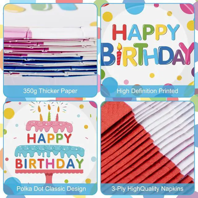 Alt view image 4 of 7 - 40 Pcs Happy Birthday Paper Plates and Napkins Sets - Polka Dots Bday Party Supplies Tableware, Disposable Colorful Dinner Plates Napkins Kit for Birthday Party Decorations Table Decor, Serves 20