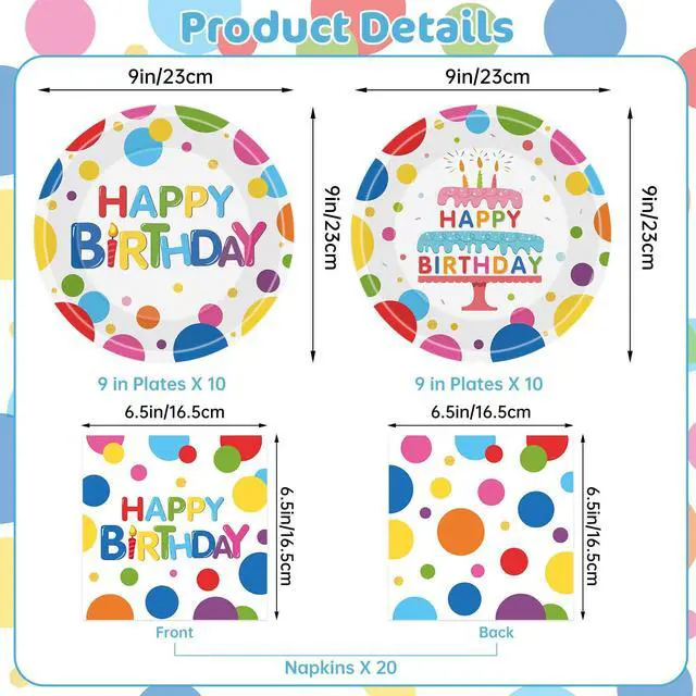 Alt view image 3 of 7 - 40 Pcs Happy Birthday Paper Plates and Napkins Sets - Polka Dots Bday Party Supplies Tableware, Disposable Colorful Dinner Plates Napkins Kit for Birthday Party Decorations Table Decor, Serves 20