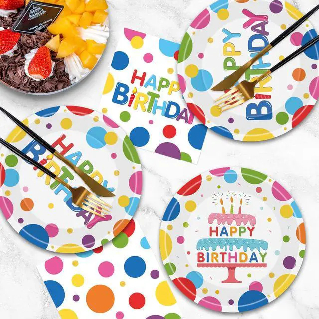 Alt view image 7 of 7 - 40 Pcs Happy Birthday Paper Plates and Napkins Sets - Polka Dots Bday Party Supplies Tableware, Disposable Colorful Dinner Plates Napkins Kit for Birthday Party Decorations Table Decor, Serves 20