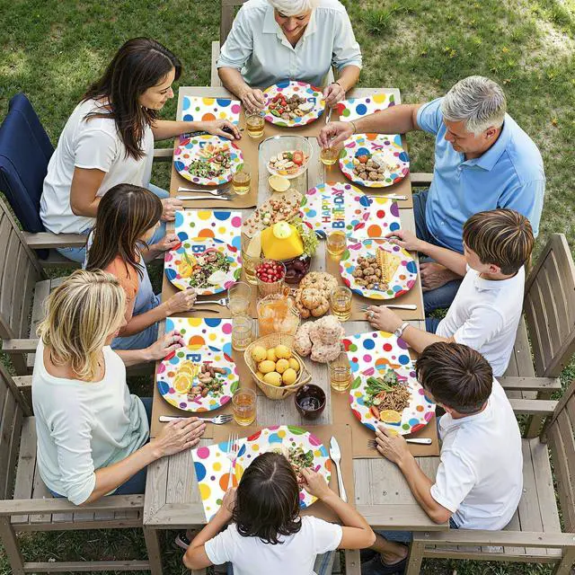 Alt view image 6 of 7 - 40 Pcs Happy Birthday Paper Plates and Napkins Sets - Polka Dots Bday Party Supplies Tableware, Disposable Colorful Dinner Plates Napkins Kit for Birthday Party Decorations Table Decor, Serves 20