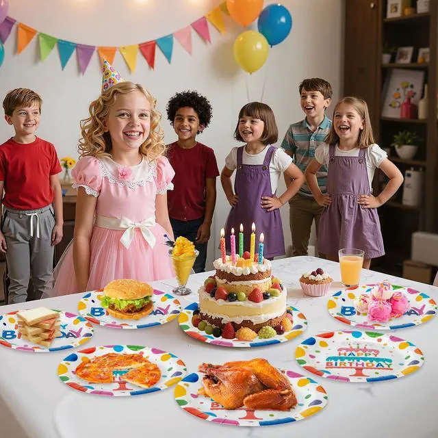 Alt view image 5 of 7 - 40 Pcs Happy Birthday Paper Plates and Napkins Sets - Polka Dots Bday Party Supplies Tableware, Disposable Colorful Dinner Plates Napkins Kit for Birthday Party Decorations Table Decor, Serves 20