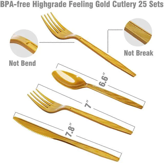 Alt view image 3 of 7 - 200 pieces of white and gold birthday party supplies, disposable happy birthday tableware set, gold plastic knives, forks, spoons, straws. Birthday themed tray, cup,25Guestswhite
