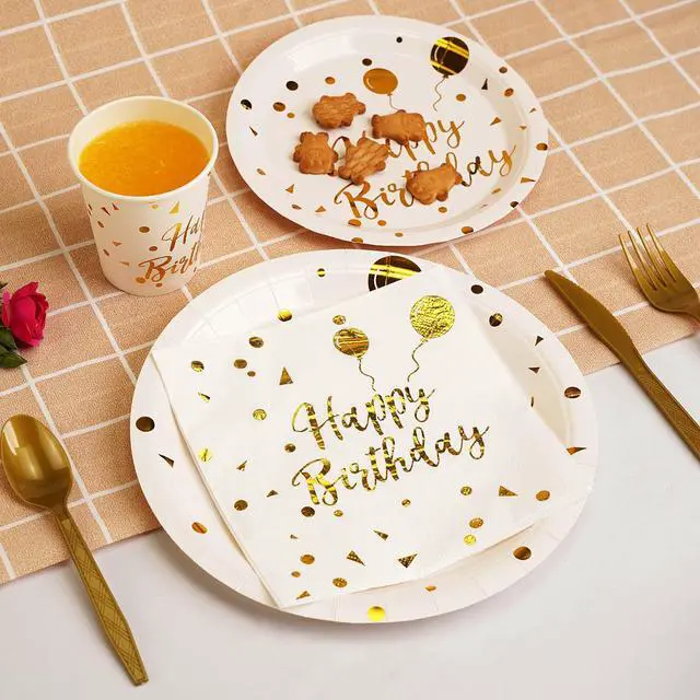 Alt view image 4 of 7 - 200 pieces of white and gold birthday party supplies, disposable happy birthday tableware set, gold plastic knives, forks, spoons, straws. Birthday themed tray, cup,25Guestswhite