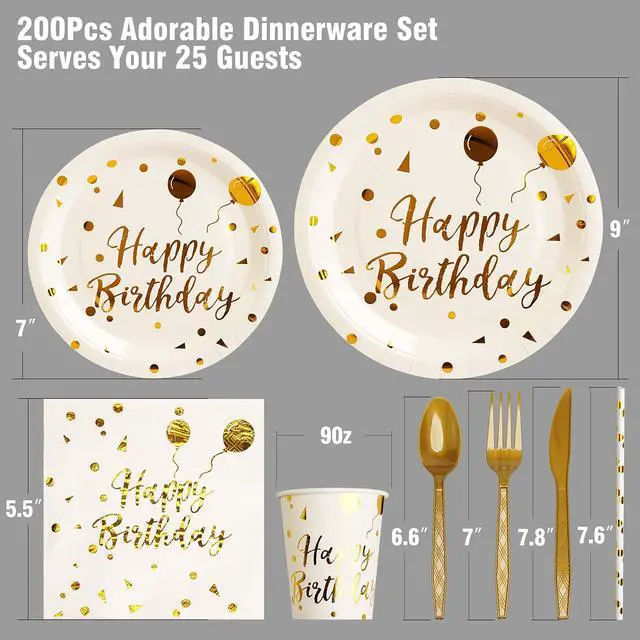 Alt view image 2 of 7 - 200 pieces of white and gold birthday party supplies, disposable happy birthday tableware set, gold plastic knives, forks, spoons, straws. Birthday themed tray, cup,25Guestswhite