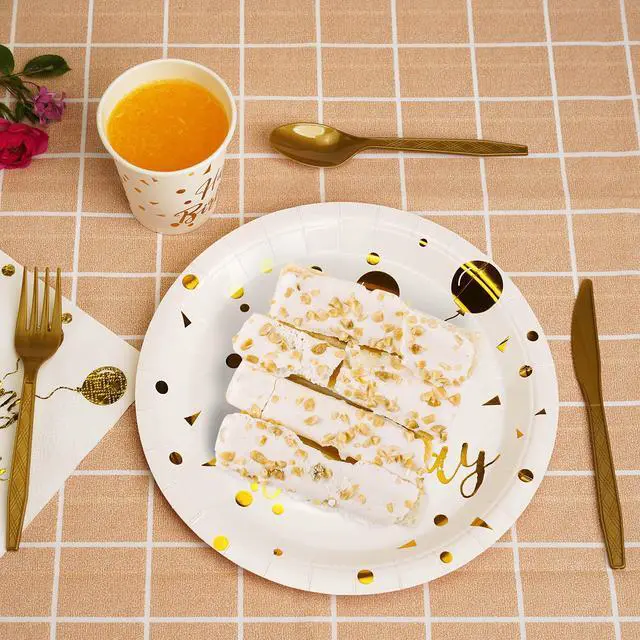 Alt view image 6 of 7 - 200 pieces of white and gold birthday party supplies, disposable happy birthday tableware set, gold plastic knives, forks, spoons, straws. Birthday themed tray, cup,25Guestswhite