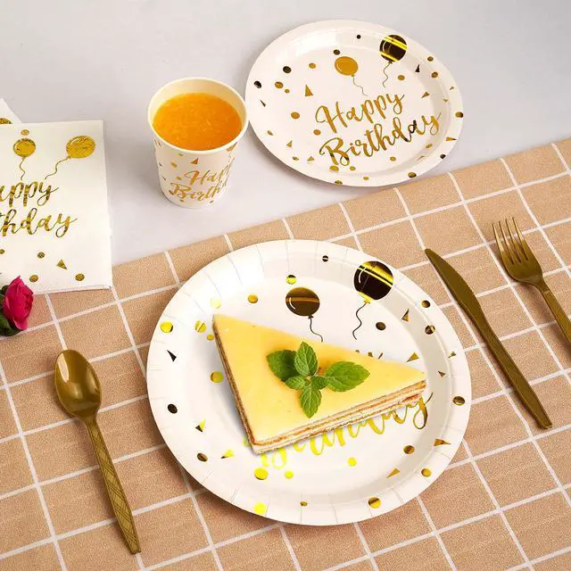 Alt view image 7 of 7 - 200 pieces of white and gold birthday party supplies, disposable happy birthday tableware set, gold plastic knives, forks, spoons, straws. Birthday themed tray, cup,25Guestswhite