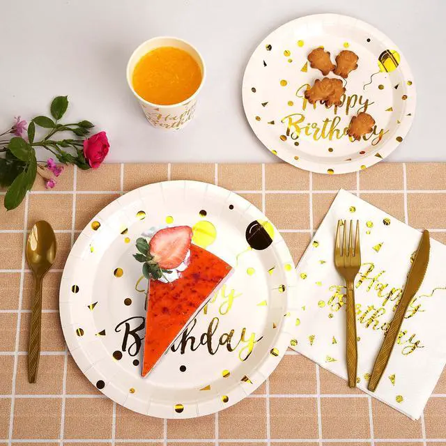 Alt view image 5 of 7 - 200 pieces of white and gold birthday party supplies, disposable happy birthday tableware set, gold plastic knives, forks, spoons, straws. Birthday themed tray, cup,25Guestswhite