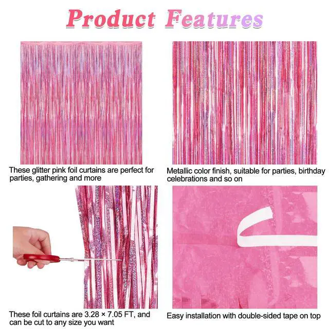 Alt view image 4 of 7 - 2 Pack Glitter Pink Backdrop, 3.28 FT x 7.05 FT Birthday Party Decorations, Laser Pink Fringe Curtains Foil Streamer Tinsel, Pink Curtains Photo Backdrop Happy Birthday Valentines Day Backdrop