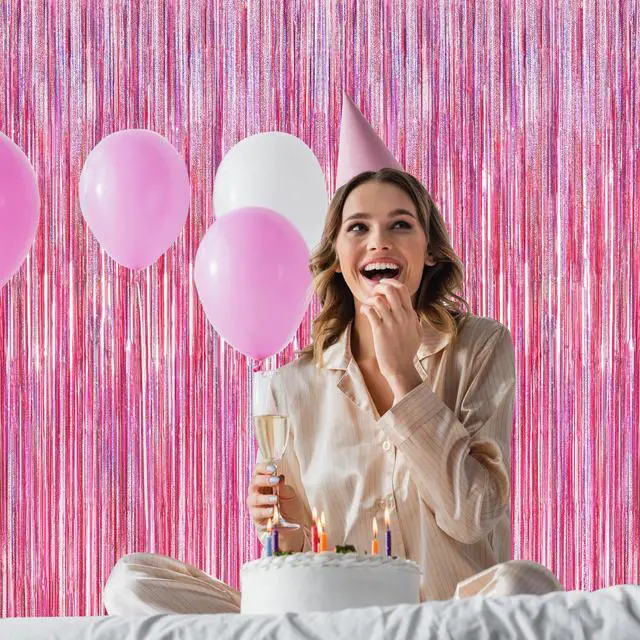 Alt view image 5 of 7 - 2 Pack Glitter Pink Backdrop, 3.28 FT x 7.05 FT Birthday Party Decorations, Laser Pink Fringe Curtains Foil Streamer Tinsel, Pink Curtains Photo Backdrop Happy Birthday Valentines Day Backdrop