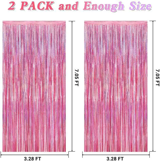 Alt view image 2 of 7 - 2 Pack Glitter Pink Backdrop, 3.28 FT x 7.05 FT Birthday Party Decorations, Laser Pink Fringe Curtains Foil Streamer Tinsel, Pink Curtains Photo Backdrop Happy Birthday Valentines Day Backdrop