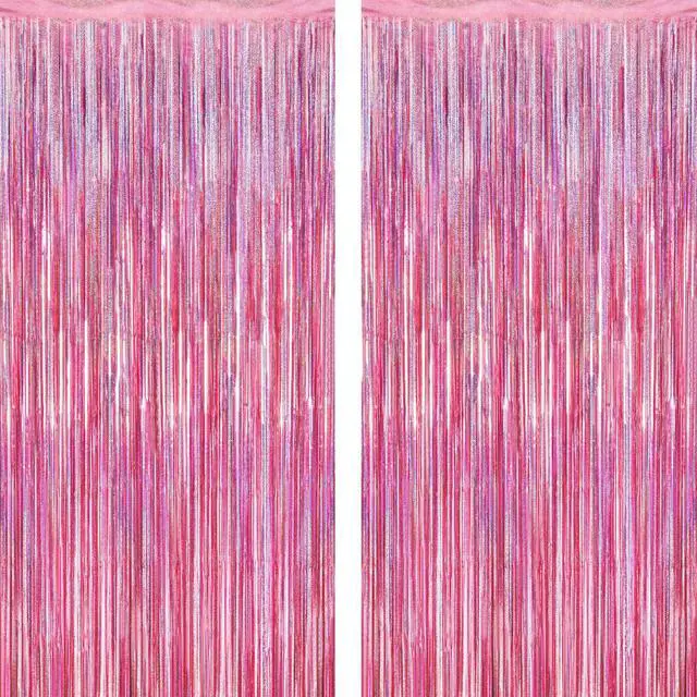 Main image of 2 Pack Glitter Pink Backdrop, 3.28 FT x 7.05 FT Birthday Party Decorations, Laser Pink Fringe Curtains Foil Streamer Tinsel, Pink Curtains Photo Backdrop Happy Birthday Valentines Day Backdrop