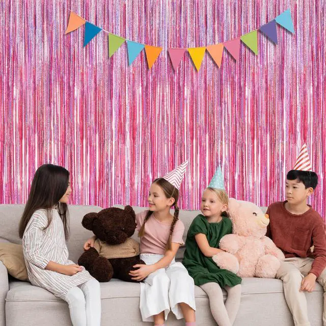 Alt view image 6 of 7 - 2 Pack Glitter Pink Backdrop, 3.28 FT x 7.05 FT Birthday Party Decorations, Laser Pink Fringe Curtains Foil Streamer Tinsel, Pink Curtains Photo Backdrop Happy Birthday Valentines Day Backdrop