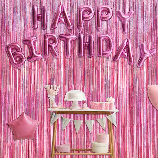 Alt view image 7 of 7 - 2 Pack Glitter Pink Backdrop, 3.28 FT x 7.05 FT Birthday Party Decorations, Laser Pink Fringe Curtains Foil Streamer Tinsel, Pink Curtains Photo Backdrop Happy Birthday Valentines Day Backdrop