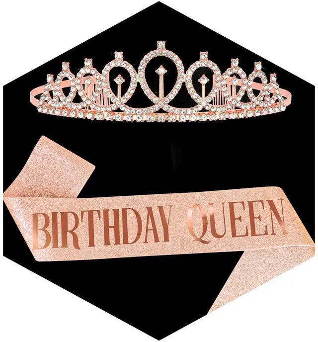 Main image of Rose Gold Birthday Queen Sash and Crown Rhinestone Tiara Hair Accessories Shiny Tiaras with Sash Glitter Tiara Set Birthday Party Decorations Party Favors Photo Props Gifts for Women