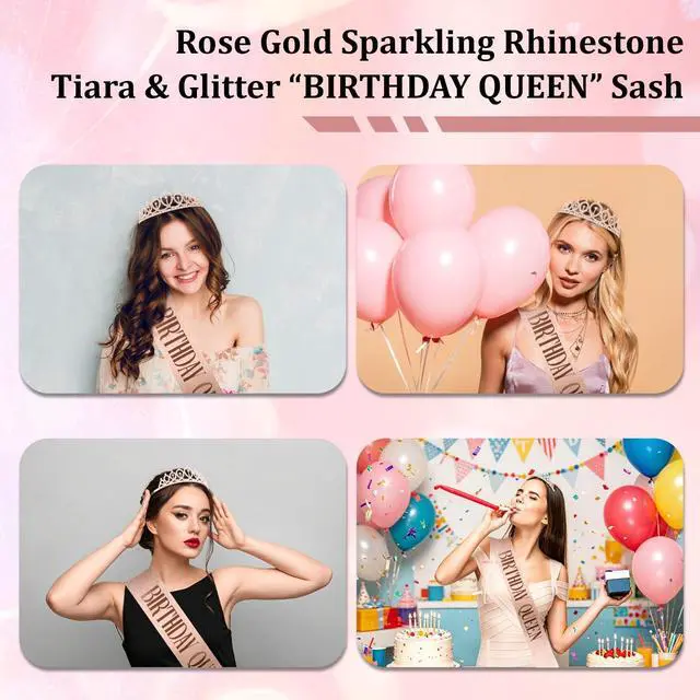 Alt view image 2 of 7 - Rose Gold Birthday Queen Sash and Crown Rhinestone Tiara Hair Accessories Shiny Tiaras with Sash Glitter Tiara Set Birthday Party Decorations Party Favors Photo Props Gifts for Women