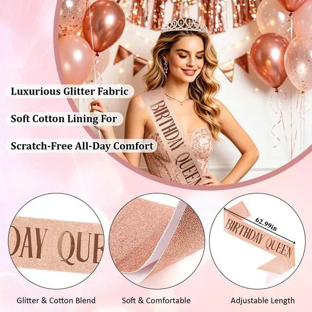 Alt view image 3 of 7 - Rose Gold Birthday Queen Sash and Crown Rhinestone Tiara Hair Accessories Shiny Tiaras with Sash Glitter Tiara Set Birthday Party Decorations Party Favors Photo Props Gifts for Women