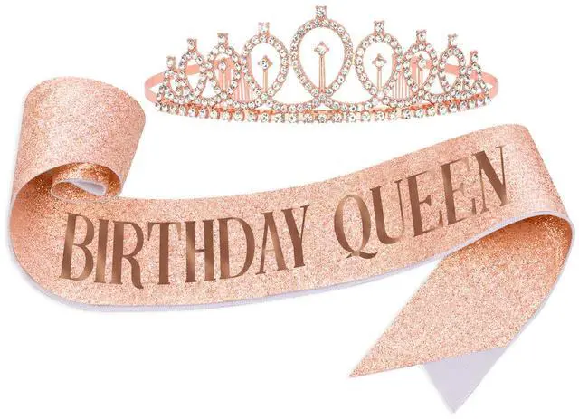 Alt view image 7 of 7 - Rose Gold Birthday Queen Sash and Crown Rhinestone Tiara Hair Accessories Shiny Tiaras with Sash Glitter Tiara Set Birthday Party Decorations Party Favors Photo Props Gifts for Women
