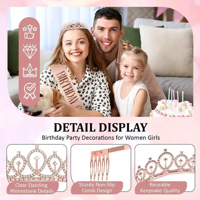 Alt view image 5 of 7 - Rose Gold Birthday Queen Sash and Crown Rhinestone Tiara Hair Accessories Shiny Tiaras with Sash Glitter Tiara Set Birthday Party Decorations Party Favors Photo Props Gifts for Women
