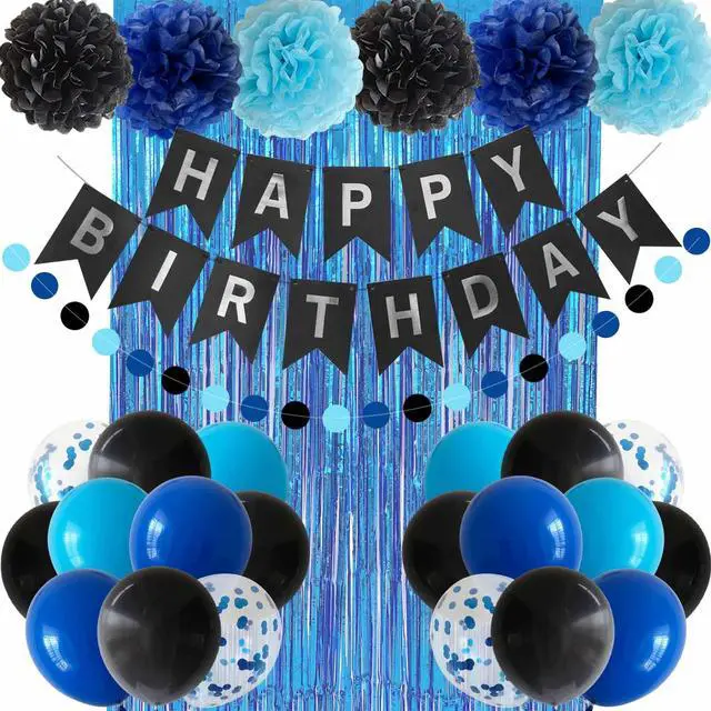 Main image of Blue and Black Happy Birthday Party Decorations for Boys Men Banner Balloons Navy Royal Light Blue Pom Poms Foil Curtain Décor Supplies 13th 16th 18th 20th 30th 40th 50th 60th 70th 80th