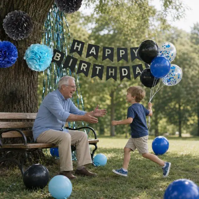 Alt view image 2 of 7 - Blue and Black Happy Birthday Party Decorations for Boys Men Banner Balloons Navy Royal Light Blue Pom Poms Foil Curtain Décor Supplies 13th 16th 18th 20th 30th 40th 50th 60th 70th 80th