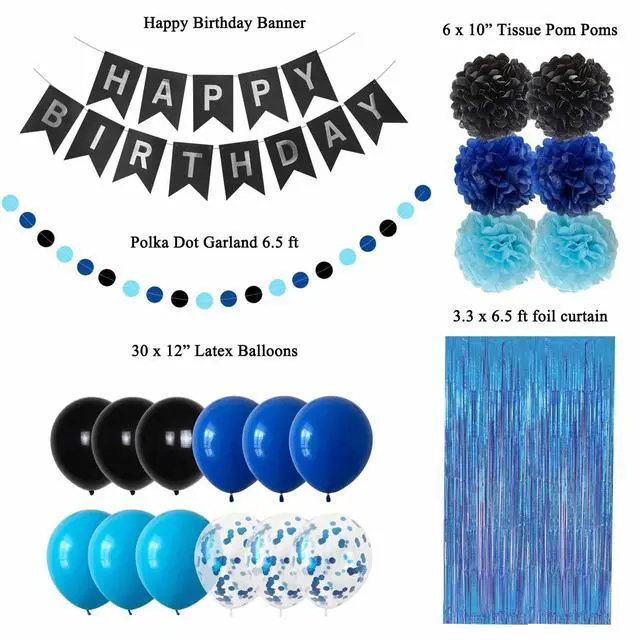 Alt view image 3 of 7 - Blue and Black Happy Birthday Party Decorations for Boys Men Banner Balloons Navy Royal Light Blue Pom Poms Foil Curtain Décor Supplies 13th 16th 18th 20th 30th 40th 50th 60th 70th 80th
