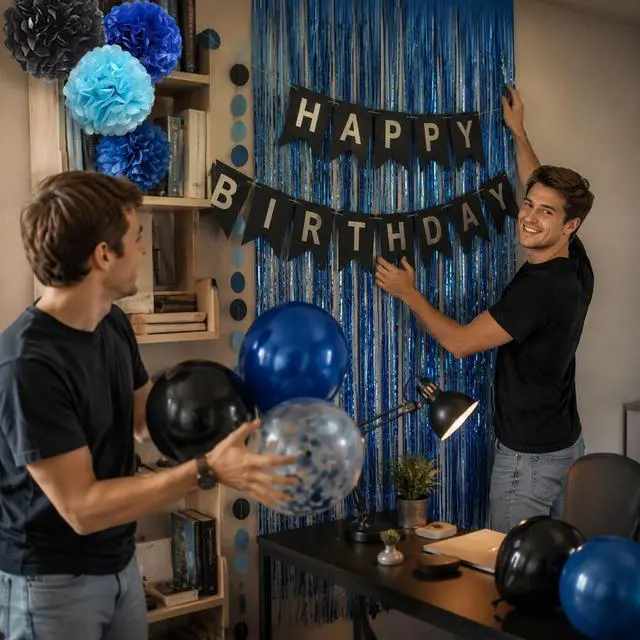Alt view image 5 of 7 - Blue and Black Happy Birthday Party Decorations for Boys Men Banner Balloons Navy Royal Light Blue Pom Poms Foil Curtain Décor Supplies 13th 16th 18th 20th 30th 40th 50th 60th 70th 80th