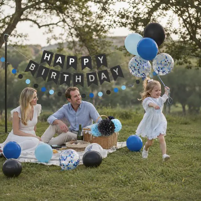 Alt view image 6 of 7 - Blue and Black Happy Birthday Party Decorations for Boys Men Banner Balloons Navy Royal Light Blue Pom Poms Foil Curtain Décor Supplies 13th 16th 18th 20th 30th 40th 50th 60th 70th 80th