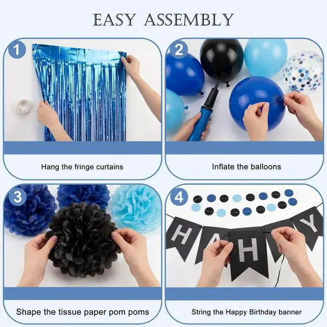 Alt view image 7 of 7 - Blue and Black Happy Birthday Party Decorations for Boys Men Banner Balloons Navy Royal Light Blue Pom Poms Foil Curtain Décor Supplies 13th 16th 18th 20th 30th 40th 50th 60th 70th 80th