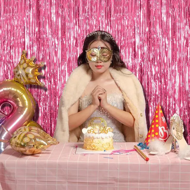 Alt view image 2 of 7 - 2 Pack Pink Backdrop Party Decorations Tinsel Curtain Party Backdrop Foil Fringe Birthday Decorations Photo Booth Streamer Backdrop Pink Theme Bachelorette Graduation Decor