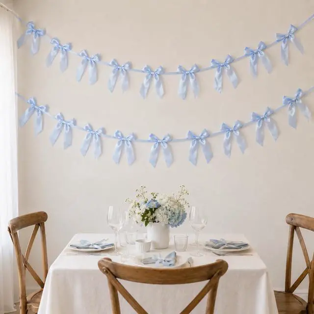 Alt view image 2 of 6 - 2 Pack Bow Garland Banner, 8.3 ft Pre-Strung Satin Ribbon Bow Decorations for Birthday Party, Baby Shower, Bridal Shower, Bachelorette, Wedding, Coquette Party Decor, Blue