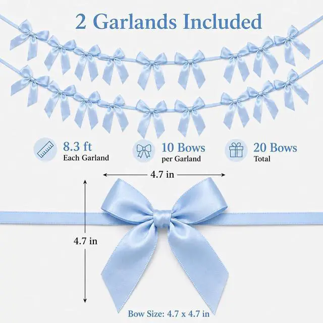 Alt view image 3 of 6 - 2 Pack Bow Garland Banner, 8.3 ft Pre-Strung Satin Ribbon Bow Decorations for Birthday Party, Baby Shower, Bridal Shower, Bachelorette, Wedding, Coquette Party Decor, Blue