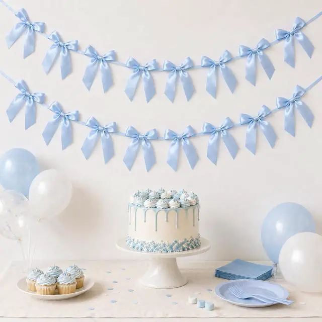 Alt view image 5 of 6 - 2 Pack Bow Garland Banner, 8.3 ft Pre-Strung Satin Ribbon Bow Decorations for Birthday Party, Baby Shower, Bridal Shower, Bachelorette, Wedding, Coquette Party Decor, Blue