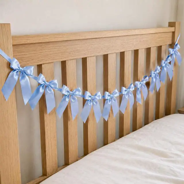 Alt view image 4 of 6 - 2 Pack Bow Garland Banner, 8.3 ft Pre-Strung Satin Ribbon Bow Decorations for Birthday Party, Baby Shower, Bridal Shower, Bachelorette, Wedding, Coquette Party Decor, Blue