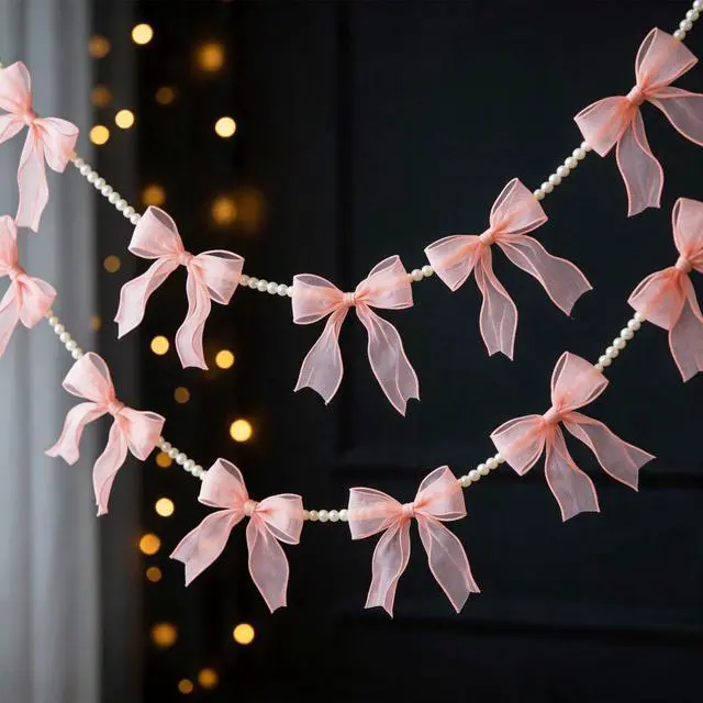 Main image of 2 Pcs Pink Bow Garland Banner Pre-Strung Tulle Pink Ribbon with 6.6ft Pearl Chain Hanging Banner for Gothic Coquette Decor Birthday Bachelorette Party Baby Bridal Shower Valentines Christmas