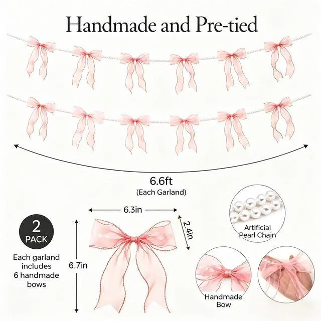 Alt view image 2 of 7 - 2 Pcs Pink Bow Garland Banner Pre-Strung Tulle Pink Ribbon with 6.6ft Pearl Chain Hanging Banner for Gothic Coquette Decor Birthday Bachelorette Party Baby Bridal Shower Valentines Christmas