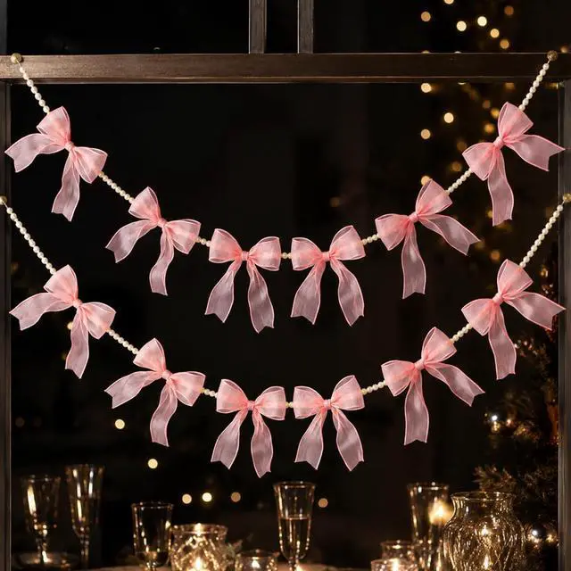 Alt view image 3 of 7 - 2 Pcs Pink Bow Garland Banner Pre-Strung Tulle Pink Ribbon with 6.6ft Pearl Chain Hanging Banner for Gothic Coquette Decor Birthday Bachelorette Party Baby Bridal Shower Valentines Christmas