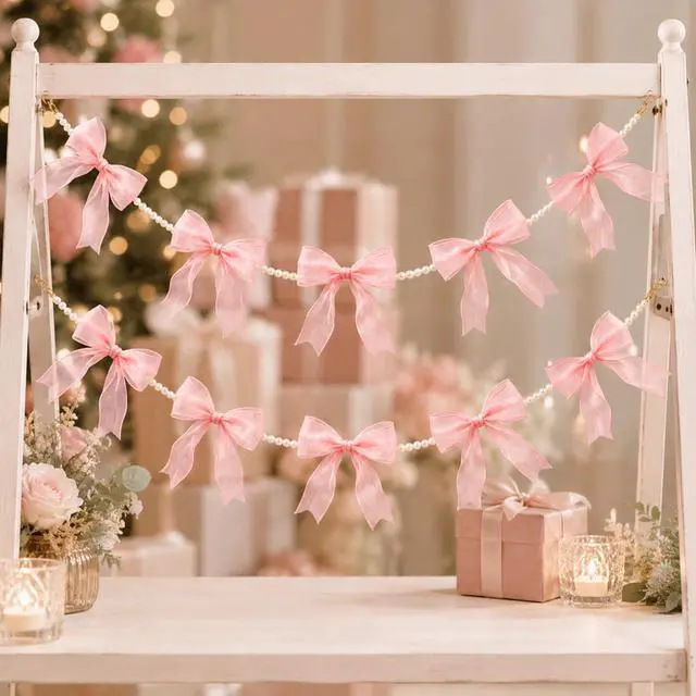 Alt view image 4 of 7 - 2 Pcs Pink Bow Garland Banner Pre-Strung Tulle Pink Ribbon with 6.6ft Pearl Chain Hanging Banner for Gothic Coquette Decor Birthday Bachelorette Party Baby Bridal Shower Valentines Christmas