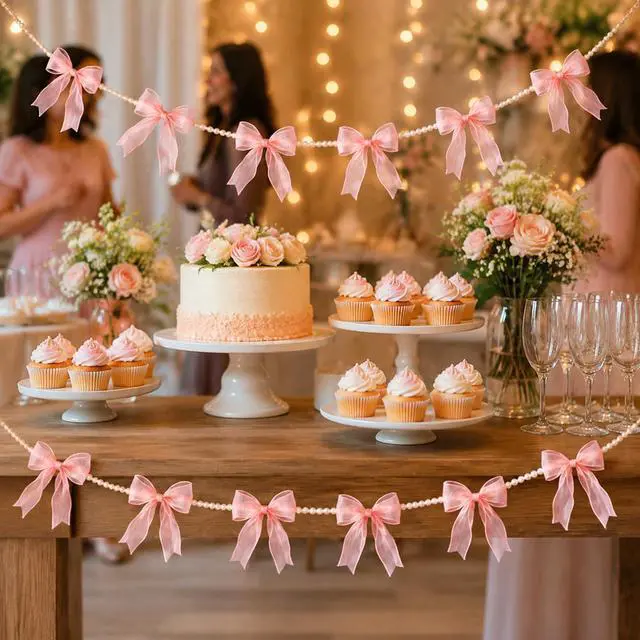 Alt view image 5 of 7 - 2 Pcs Pink Bow Garland Banner Pre-Strung Tulle Pink Ribbon with 6.6ft Pearl Chain Hanging Banner for Gothic Coquette Decor Birthday Bachelorette Party Baby Bridal Shower Valentines Christmas