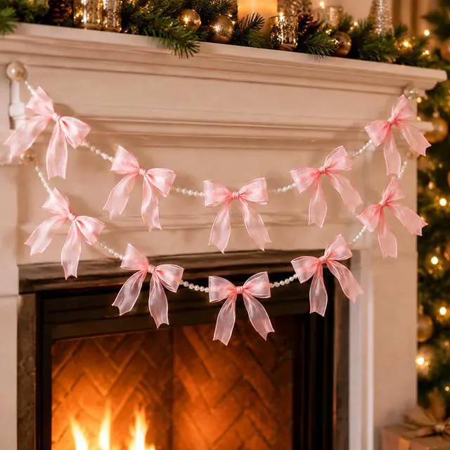 Alt view image 7 of 7 - 2 Pcs Pink Bow Garland Banner Pre-Strung Tulle Pink Ribbon with 6.6ft Pearl Chain Hanging Banner for Gothic Coquette Decor Birthday Bachelorette Party Baby Bridal Shower Valentines Christmas