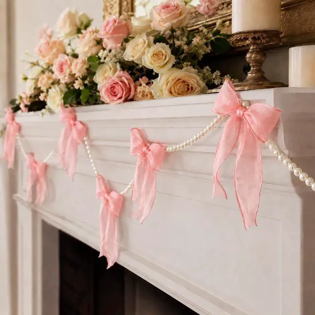 Alt view image 6 of 7 - 2 Pcs Pink Bow Garland Banner Pre-Strung Tulle Pink Ribbon with 6.6ft Pearl Chain Hanging Banner for Gothic Coquette Decor Birthday Bachelorette Party Baby Bridal Shower Valentines Christmas