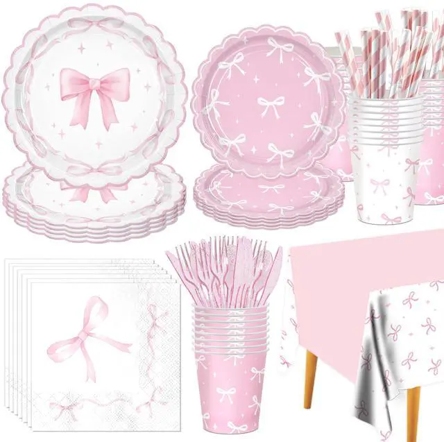 Main image of 161PCs Pink Bow Party Supplies Pink Coquette Plates Napkins Cups Tablecloth Straws Forks Spoons Knives for Birthday Party Bachelorette Decor Bridal Engagement Coquette Party Supplies for 20 guests