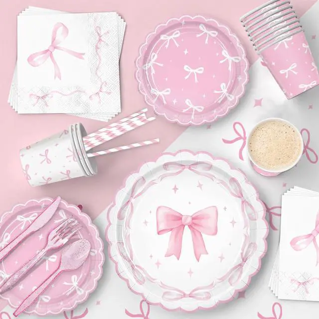 Alt view image 2 of 7 - 161PCs Pink Bow Party Supplies Pink Coquette Plates Napkins Cups Tablecloth Straws Forks Spoons Knives for Birthday Party Bachelorette Decor Bridal Engagement Coquette Party Supplies for 20 guests